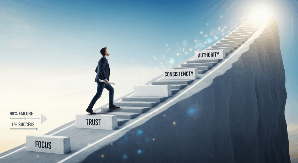 A road leading upward with milestones labeled “Focus,” “Trust,” “Consistency,” “Authority.” A marketer ascending confidently, representing the journey from 99% failure to 1% success.