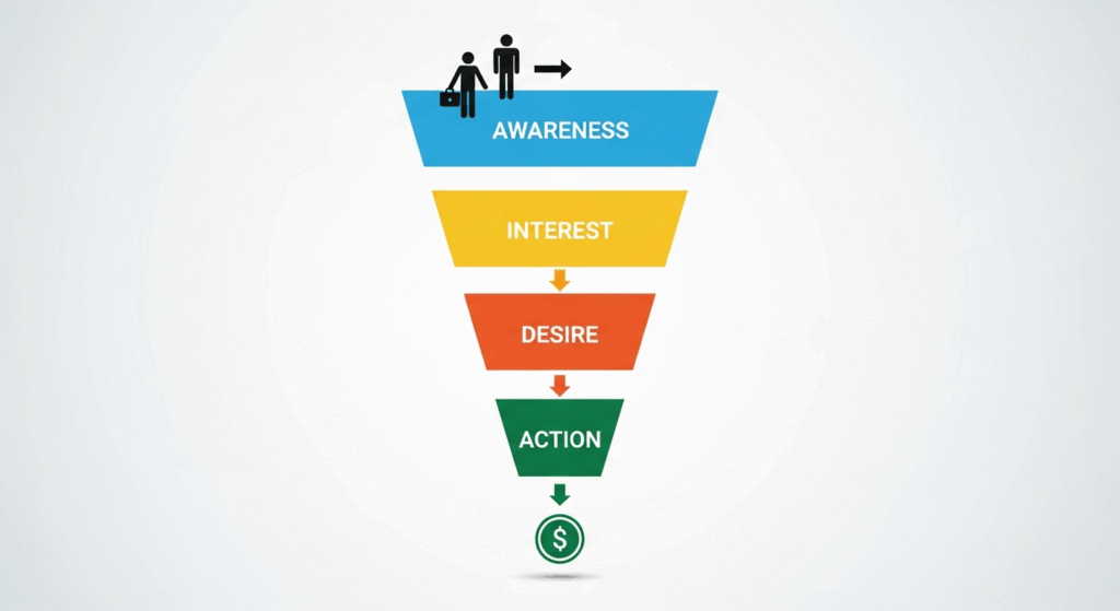 A vertical funnel diagram with four distinct colored sections labeled: Awareness, Interest, Desire, and Action. 