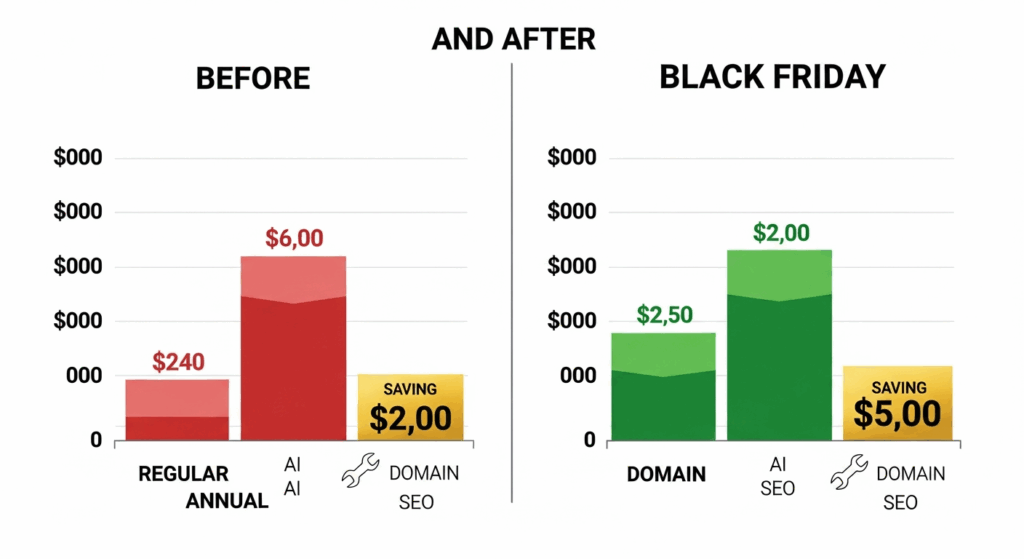 A before/after comparison showing "Regular Price" vs "Black Friday Price" for a content creator's annual tool stack. 