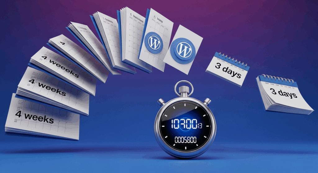 Visual metaphor showing time compression, calendar pages flying from '4 weeks' transforming into '3 days'.