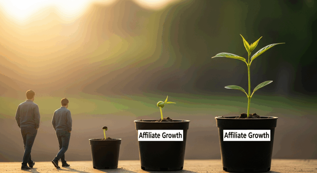 a plant labeled “Affiliate Growth” slowly sprouting while the affiliates walk away too soon. Symbolizes patience and compound effect.