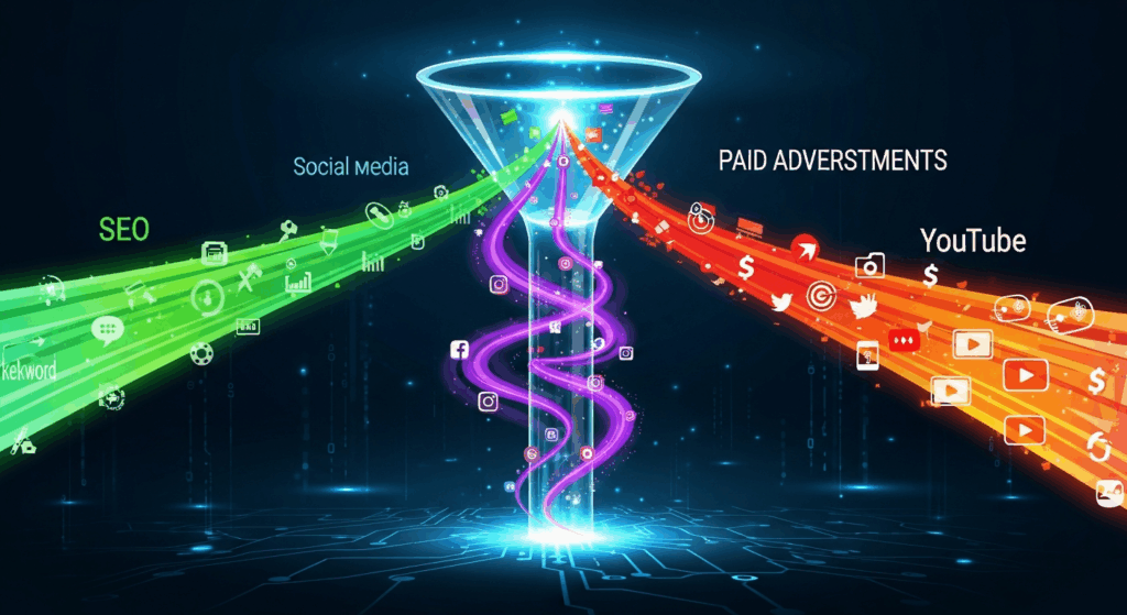 An illustration showing diverse traffic sources (SEO, social media, ads, YouTube) represented as colored streams flowing into the top of a large glowing funnel.