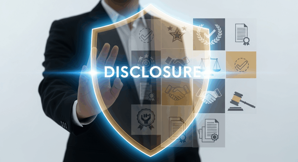 A transparent shield protecting an affiliate marketer, representing legal compliance and trust.