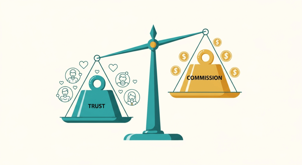 A balance scale showing "Trust" outweighing "Commission," representing the value-first mindset