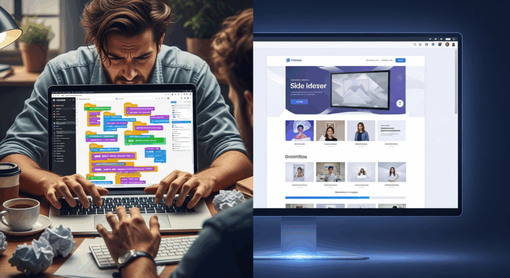 Split-screen comparison infographic, left side shows stressed designer manually building website with traditional page builder, right side shows confident designer using AI prompts with clean interface.