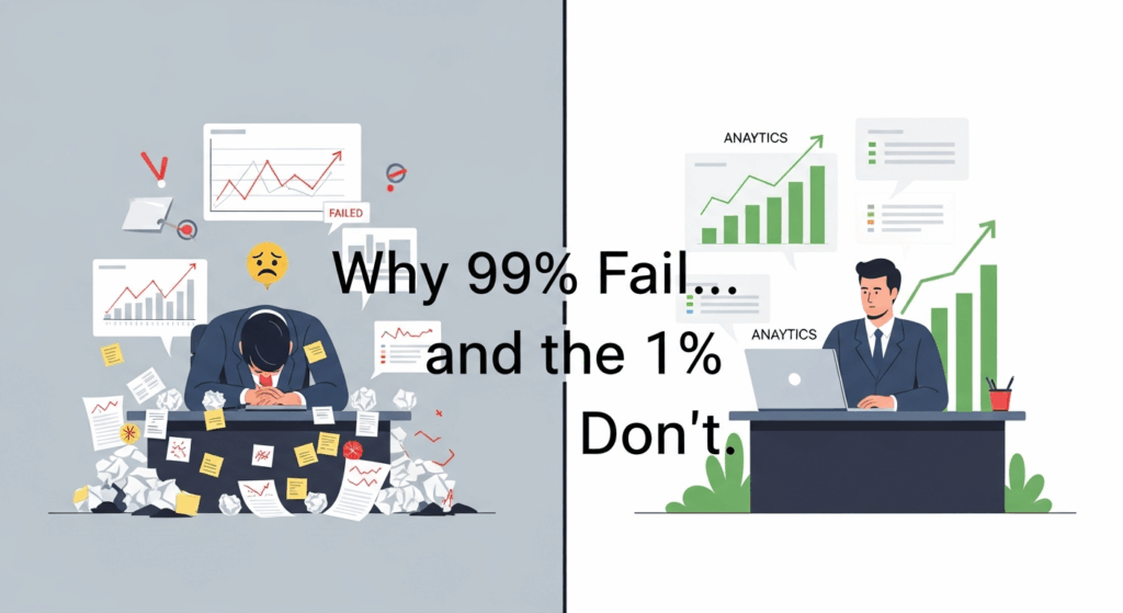 A frustrated beginner surrounded by scattered notes and failed graphs vs a calm professional reviewing growing analytics.