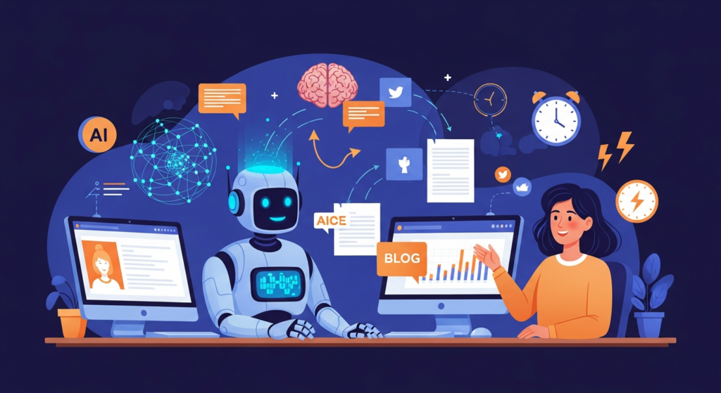A friendly robot with a glowing blue brain sits beside a smiling human content creator at a modern desk.