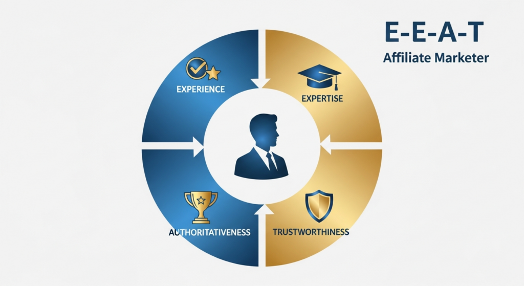 A circular diagram showing the four pillars of E-E-A-T: Experience, Expertise, Authoritativeness, and Trustworthiness.