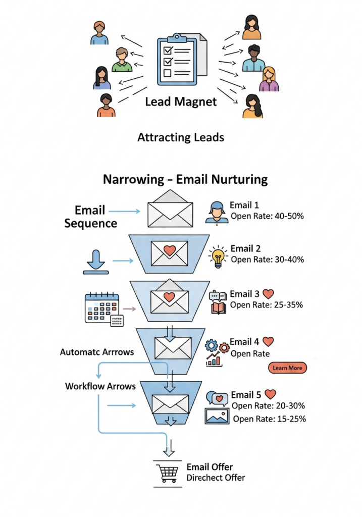 Visual funnel showing lead magnet to conversion journey