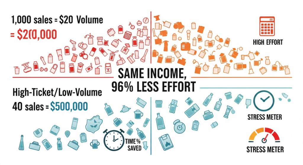 Visual math equation showing the efficiency of high-ticket