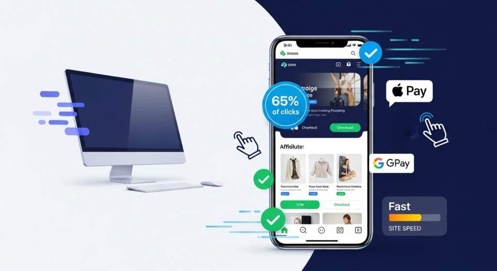 Smartphone dominating with 65% statistic, desktop fading in background