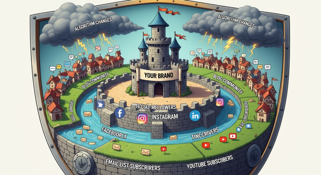 A fortress or moat visualization showing a central castle labeled 'Your Brand' surrounded by protective layers: email list subscribers, social media followers, YouTube subscribers, and blog community.