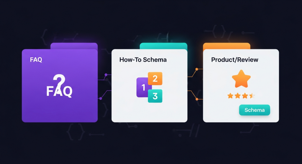 Three colorful cards showing different schema types
