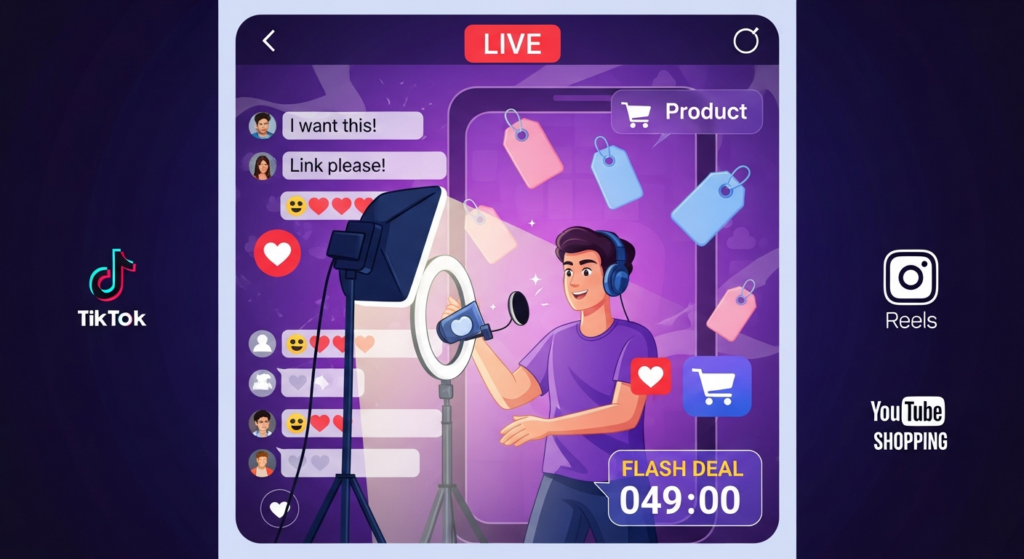 Illustration of a content creator doing a livestream product demo.