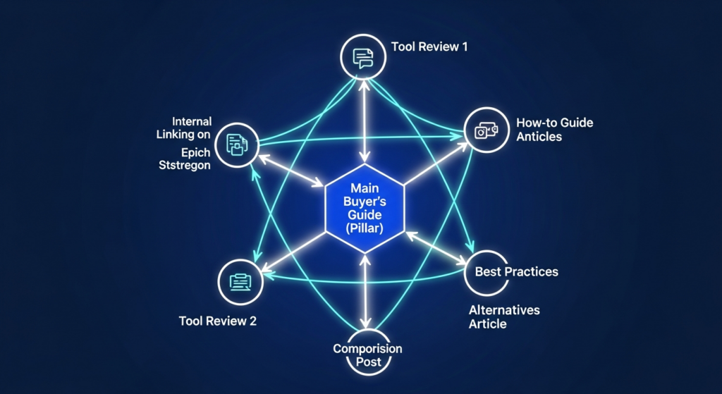 A hub-and-spoke diagram showing topic cluster strategy. 