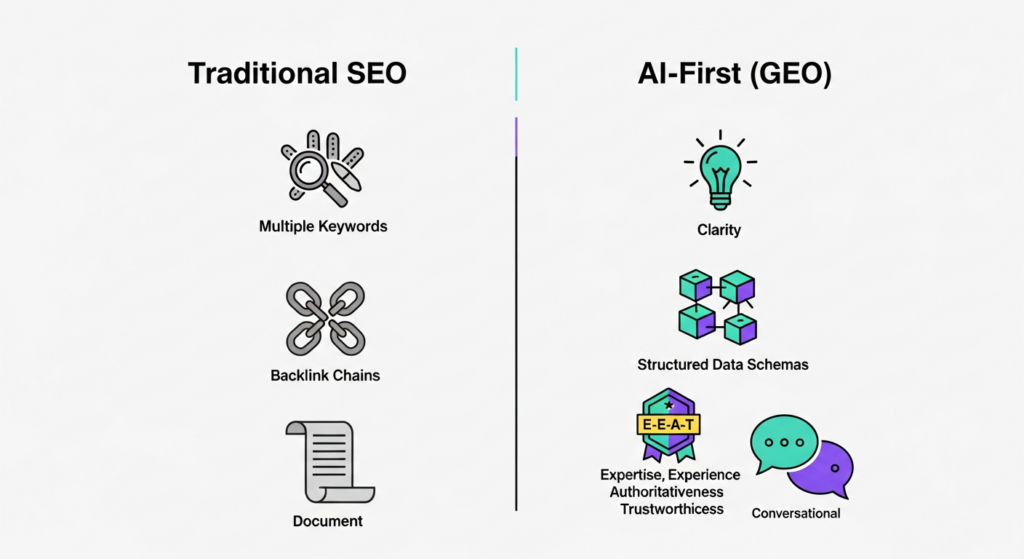 An infographic-style comparison chart with two columns comparing 'Traditional SEO' vs. 'AI-First SEO (GEO)'