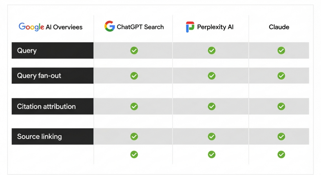 Side-by-side comparison table showing Google AI Overviews, ChatGPT Search, Perplexity, and Claude 