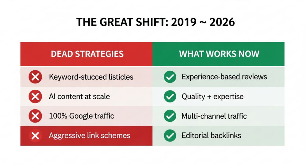 A side-by-side comparison table showing the strategies that died and what replaced them