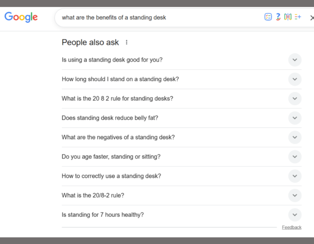 Screenshot of Google's People Also Ask interface showing multiple expanded question boxes stacking vertically. 