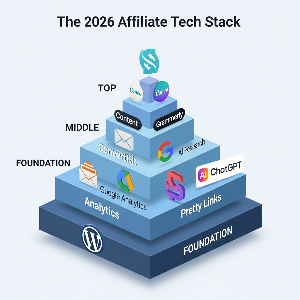 A diagram showing affiliate blogging tech stack.