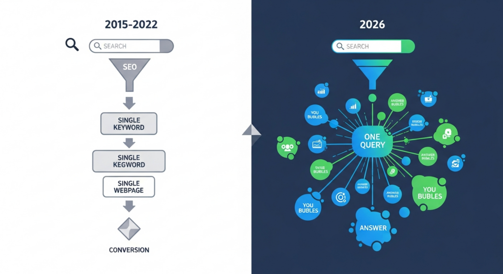 Split-screen comparison illustration showing the death of linear keyword research.