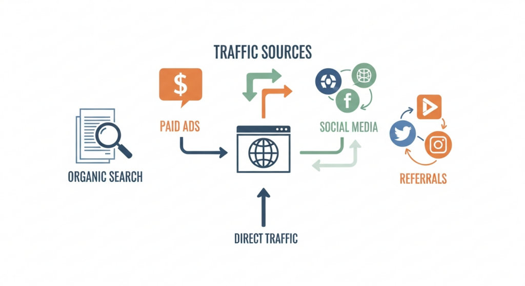 Minimalist infographic-style illustration showing five traffic sources flowing into a website.
