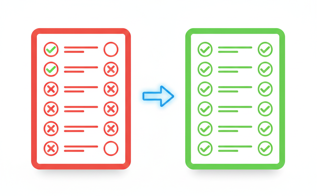 A flat illustration of a checklist with eight items, each with either a red X icon or a green checkmark icon next to it. 