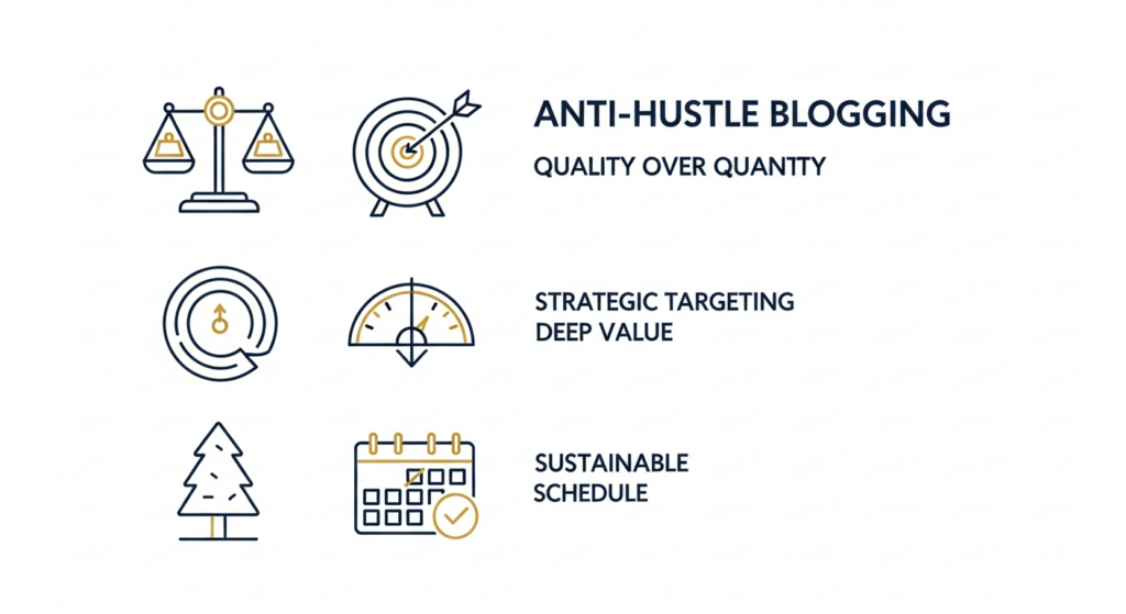 Clean infographic showing 5 pillars of anti-hustle blogging. 