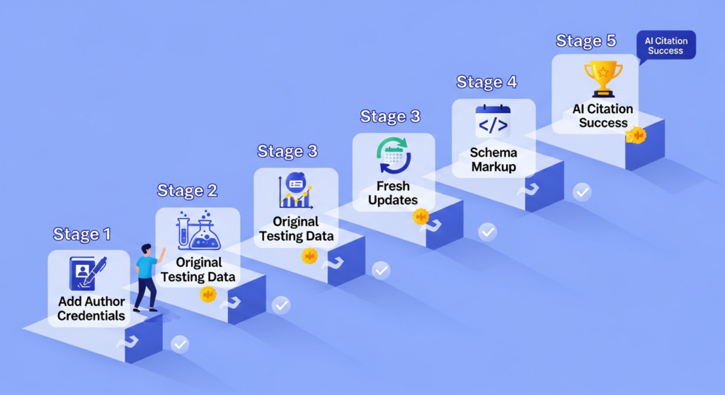 Step-by-step roadmap illustration showing the journey from traditional blog post to AI-cited source. 