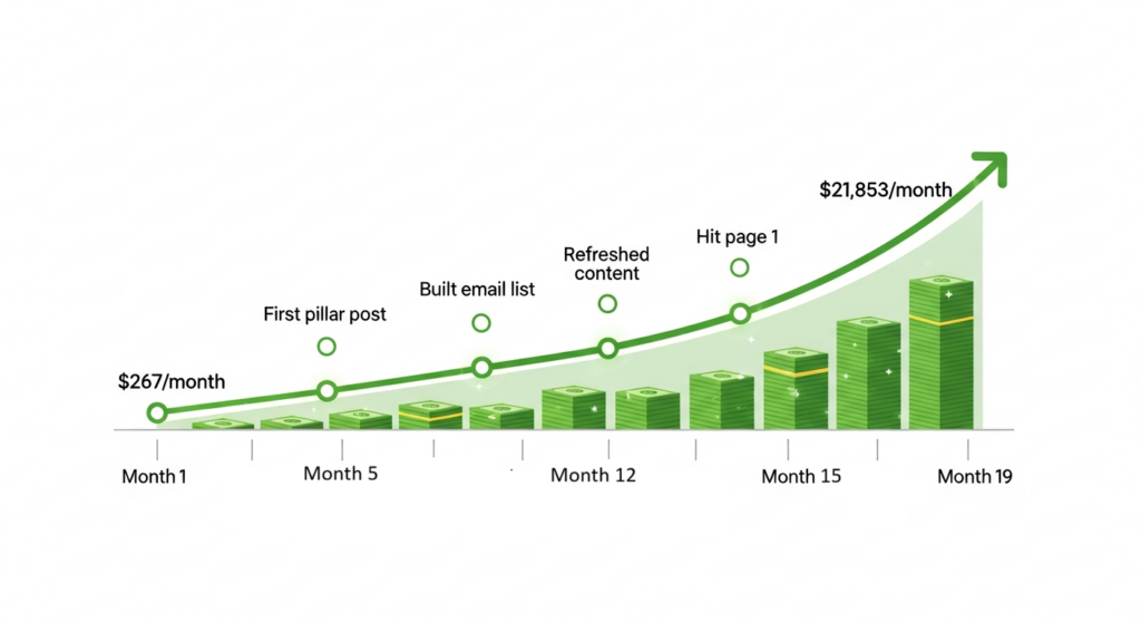 Horizontal timeline showing affiliate income growth from Month 1 to Month 19.