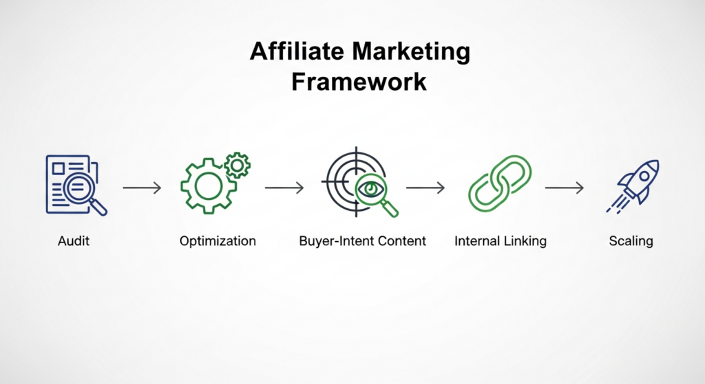 Step-by-step visual framework showing audit, optimization, buyer-intent content, internal linking, and scaling.