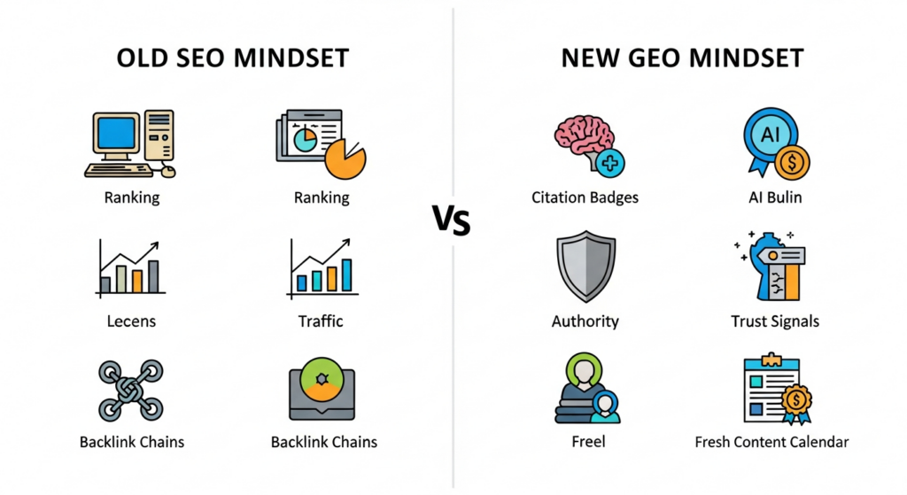 Side-by-side comparison infographic of old SEO and the new GEO mindsets