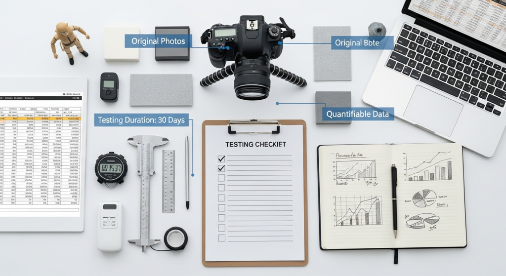 Flat-lay photography style showing product testing workspace: clipboard with testing checklist, stopwatch, measuring tools, camera on tripod, product samples, notebook with data charts, laptop showing spreadsheet.
