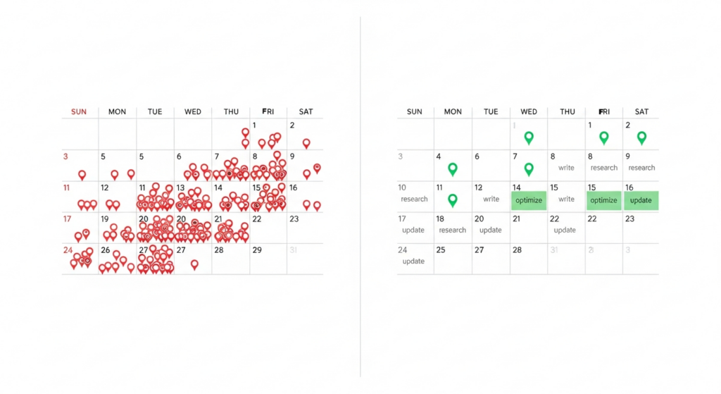 Two monthly calendar grids side by side. Left calendar packed with daily post markers in red showing overwhelm.