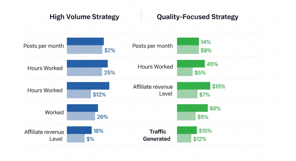 Side-by-side bar chart comparison showing 'High Volume Strategy' vs 'Quality-Focused Strategy'.