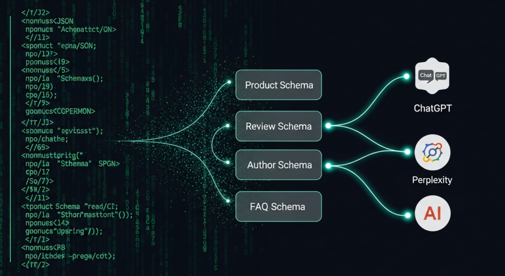 Abstract visualization of schema markup connecting content to AI understanding. 