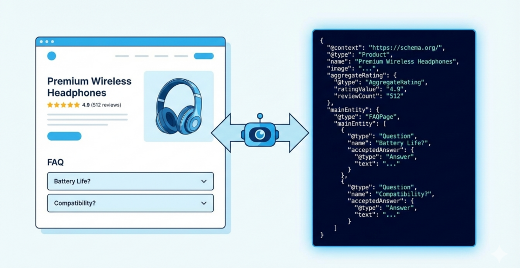 A clean infographic-style illustration showing a webpage on the left with visible content and on the right the same content wrapped in glowing JSON-LD code brackets and schema labels