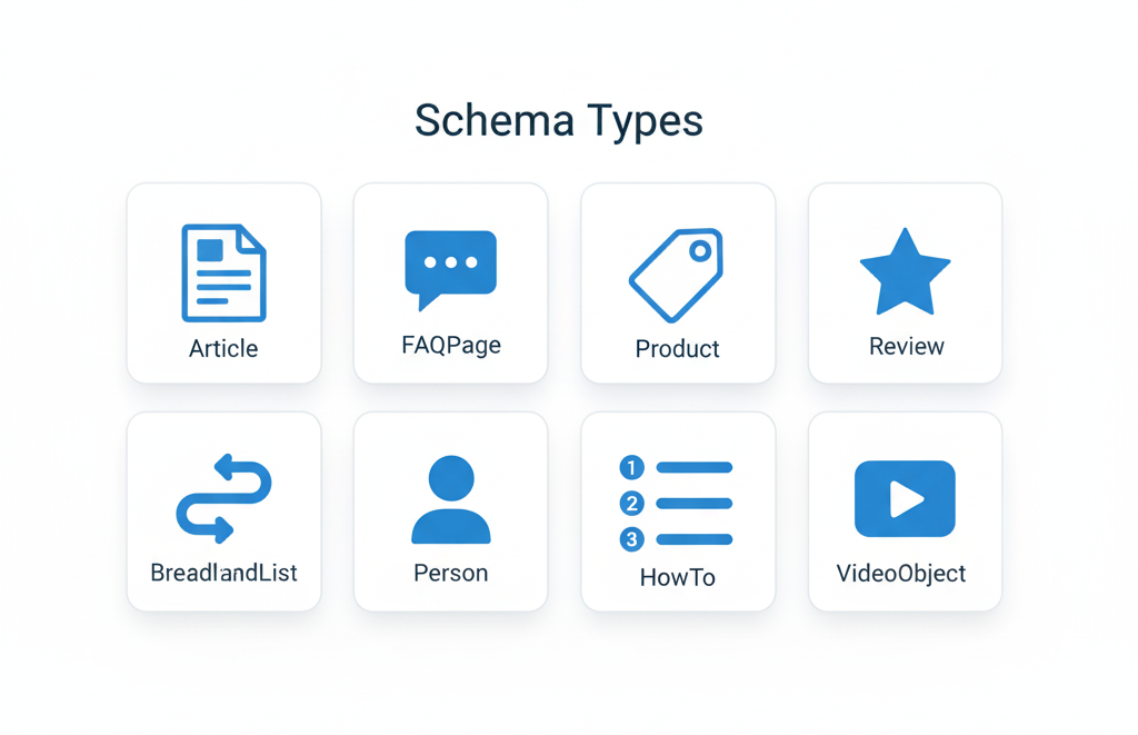 A clean icon grid illustration showing eight schema types 