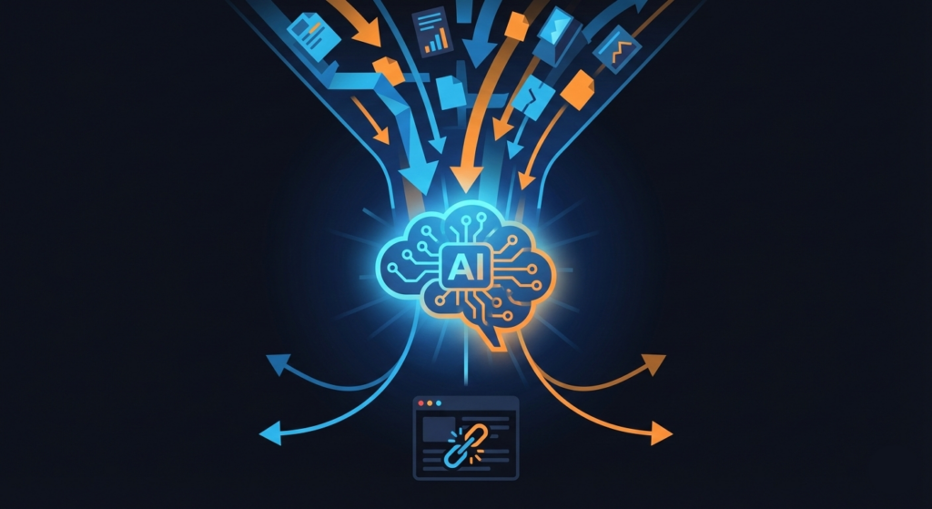 A conceptual illustration showing a funnel where website traffic flows in from the top, but instead of reaching an affiliate site at the bottom, it gets absorbed by a glowing AI brain/cloud in the middle. 