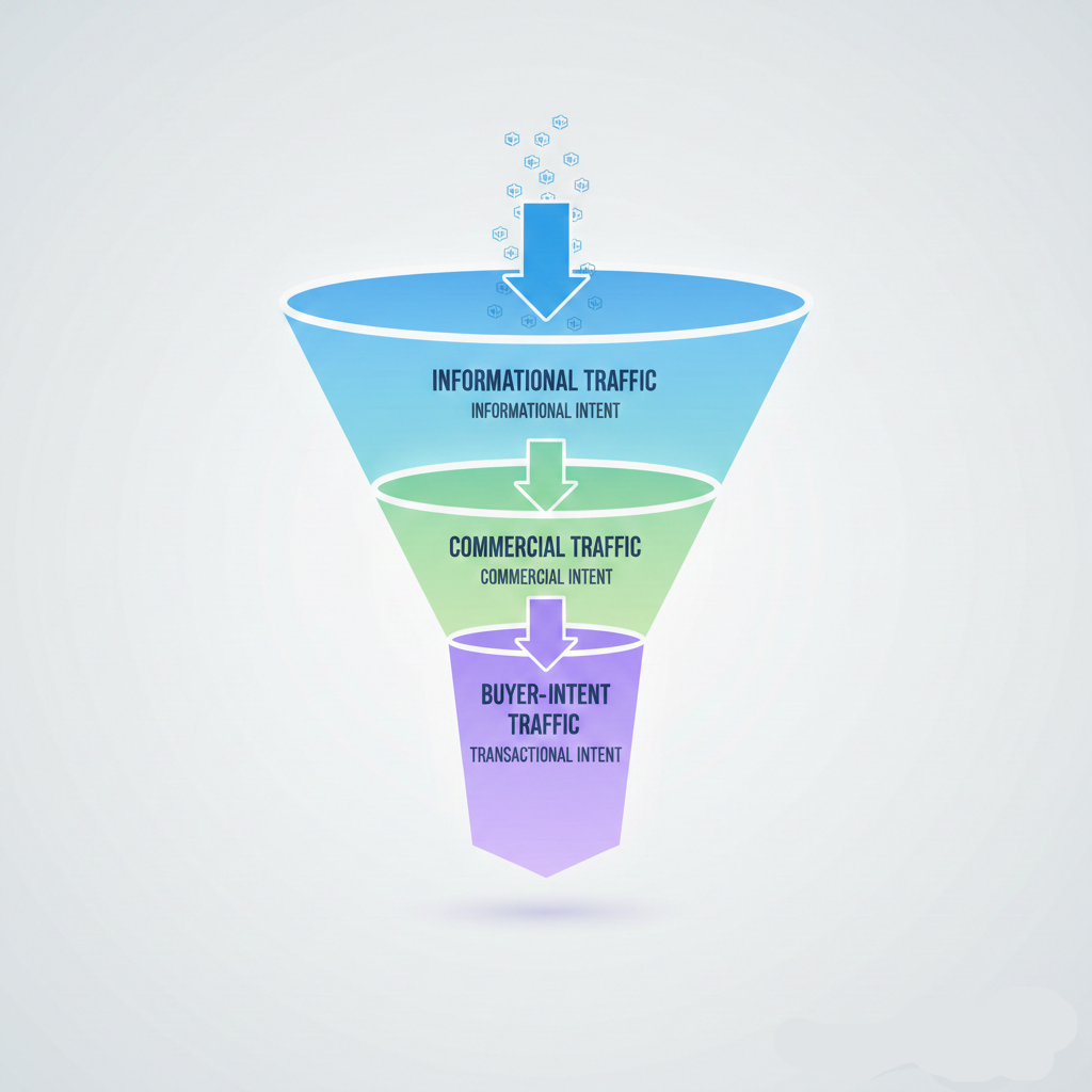 Funnel diagram illustration showing informational traffic at the top and buyer-intent traffic at the bottom.