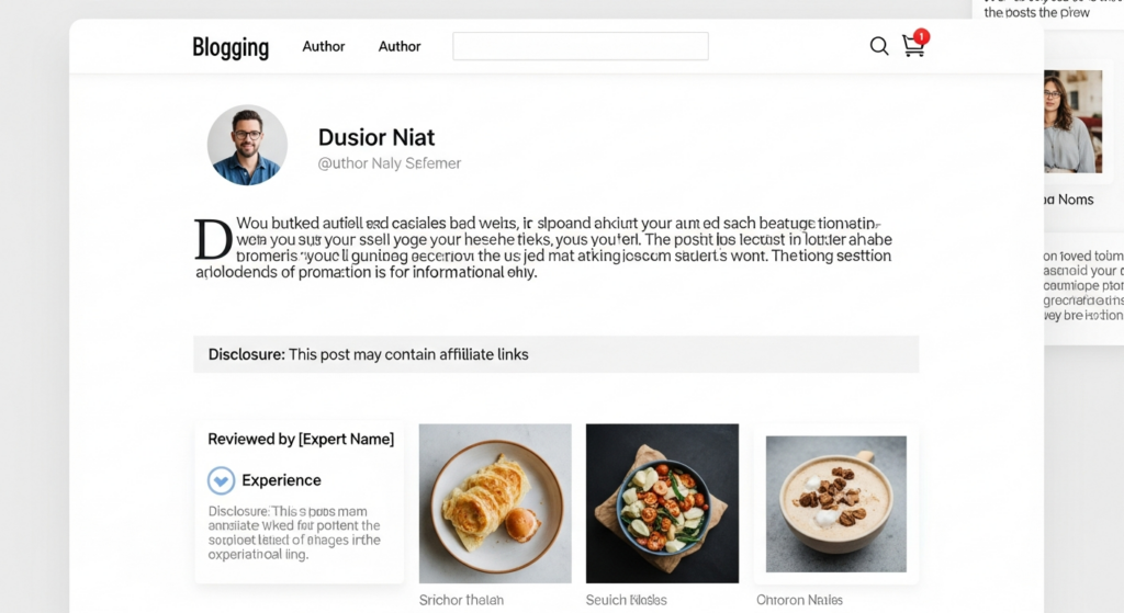 Illustration of a website page with trust signals: author photo, original images, disclosure notice, and experience indicators.