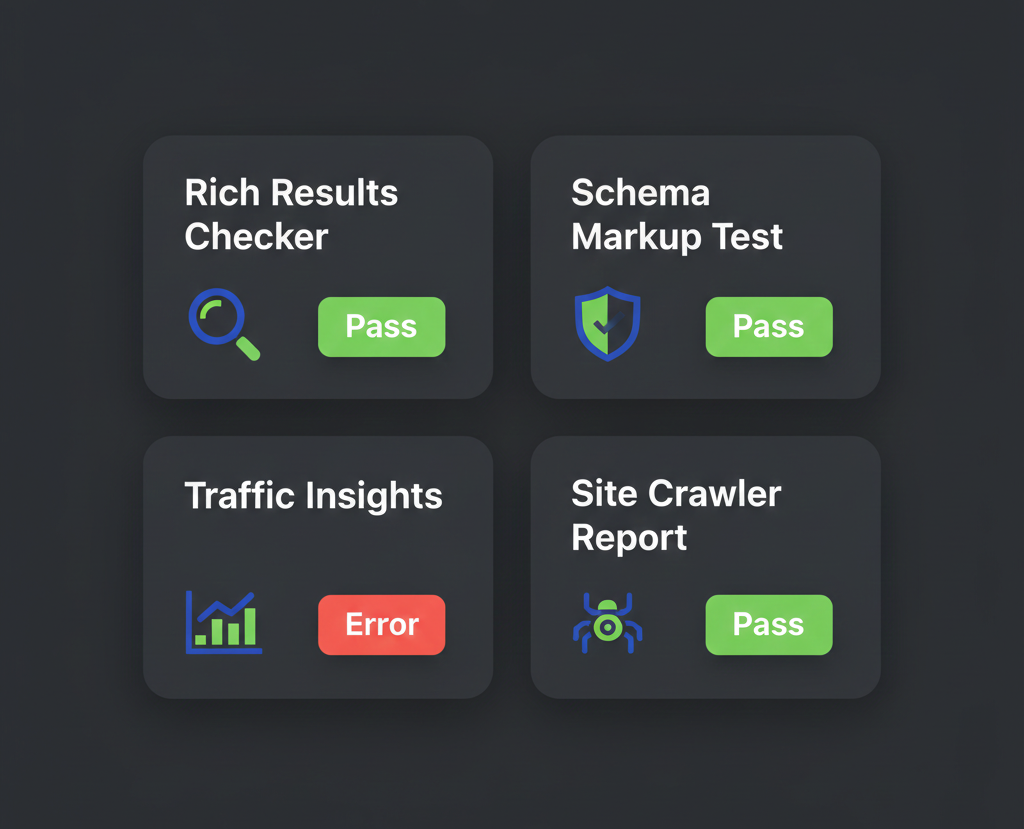 A clean UI mockup illustration showing four tool cards arranged in a 2x2 grid, each representing a validation tool