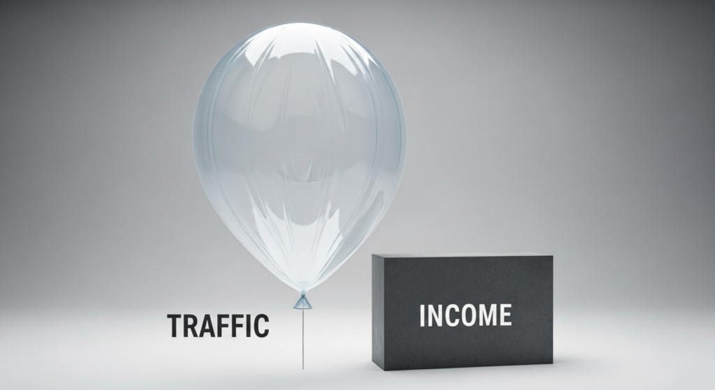Conceptual illustration of a large inflated balloon labeled traffic next to a small solid block labeled income. The balloon looks impressive but fragile. The block looks small but stable. Simple metaphor illustration, neutral business colors, no cartoon exaggeration.