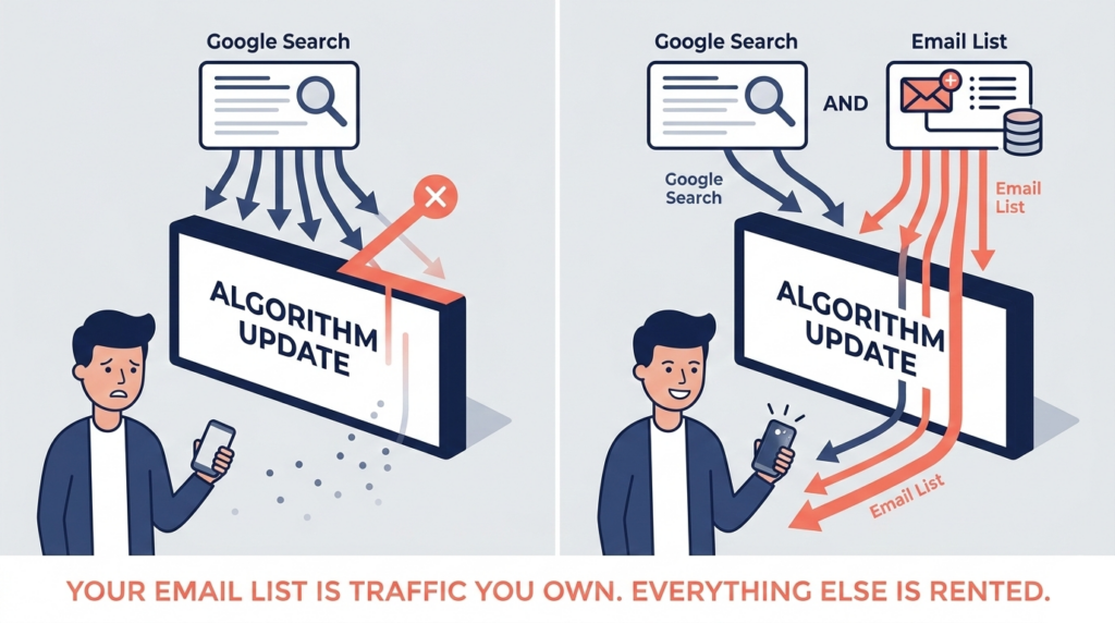 A conceptual illustration showing two side-by-side scenarios of traffic to an affiliate blog.
