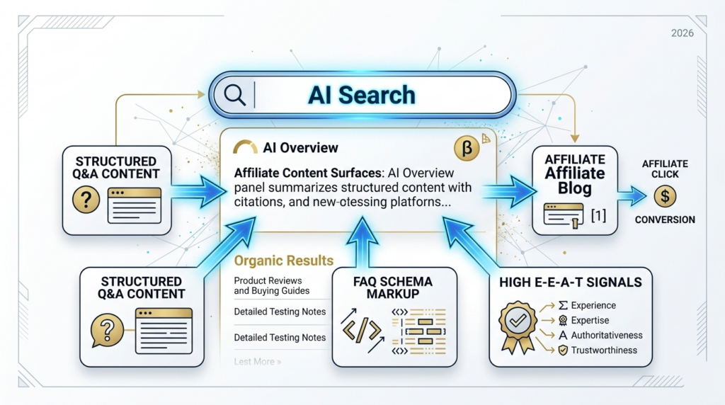 A visual diagram showing how affiliate content gets surfaced in AI search.