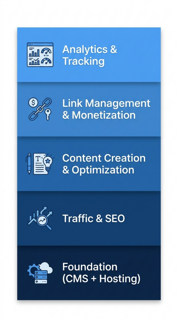 A clean vertical infographic showing five stacked horizontal layers