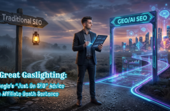 A digital marketer standing at a crossroads, one path labeled "Traditional SEO" leading to a fading, dimly lit road, and another path labeled "GEO/AI SEO" leading toward a bright, futuristic cityscape powered by glowing AI interfaces.
