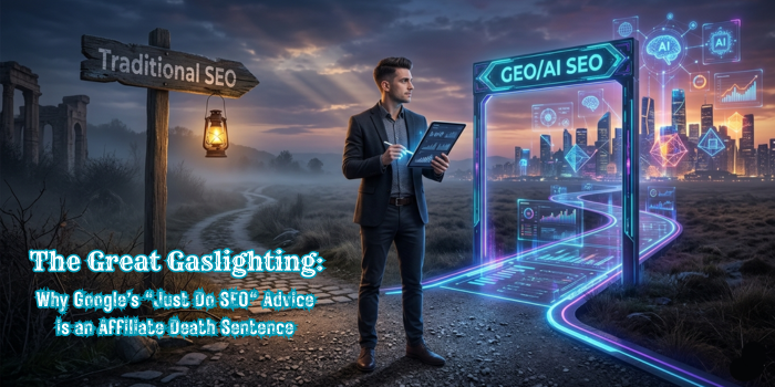 A digital marketer standing at a crossroads, one path labeled "Traditional SEO" leading to a fading, dimly lit road, and another path labeled "GEO/AI SEO" leading toward a bright, futuristic cityscape powered by glowing AI interfaces.