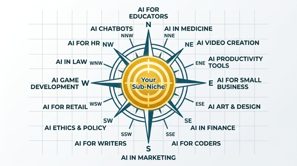How I Monetize My Affiliate Blogs with AI Products (2026 Guide) 1 A flat-design illustration of a compass rose overlaid on a minimal grid, with each compass direction labeled with an AI blog sub-niche