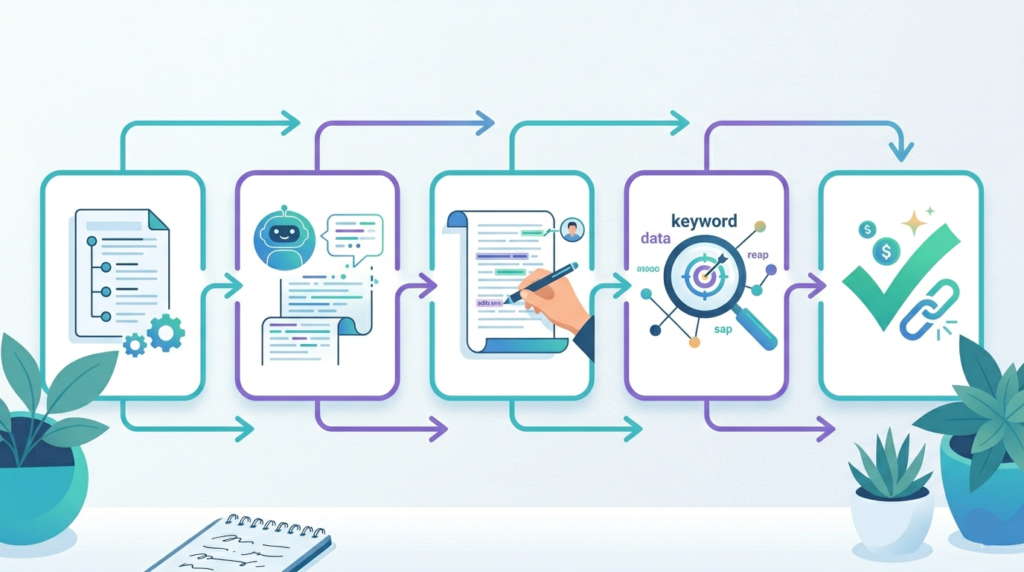 A horizontal 5-step pipeline illustration. Each step is a rounded rectangle connected by arrows: (1) outline document icon, (2) AI chatbot generating text, (3) human hand editing a draft with a pen, (4) magnifying glass over a keyword graph, (5) a green checkmark with an affiliate link icon.